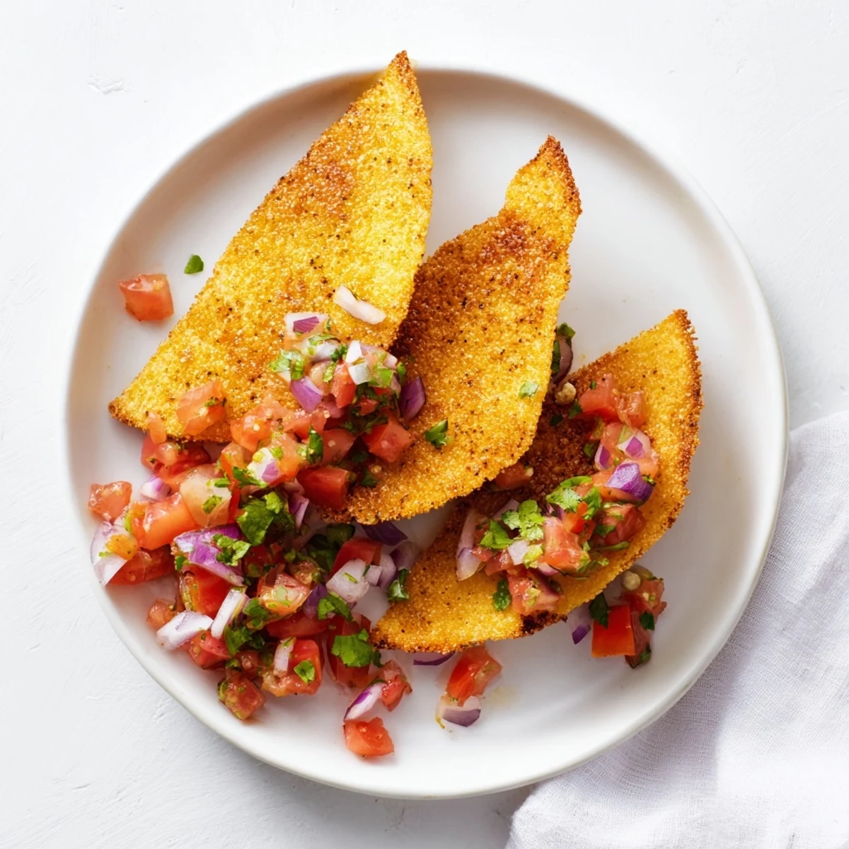 Golden, crispy air-fryer tortilla chips piled high next to a vibrant fresh salsa for dipping.