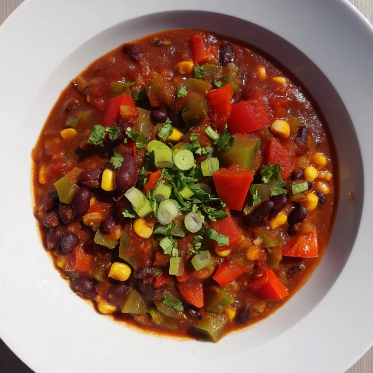 Hearty veggie chili topped with fresh cilantro, perfect for a cozy, flavorful meal tonight.