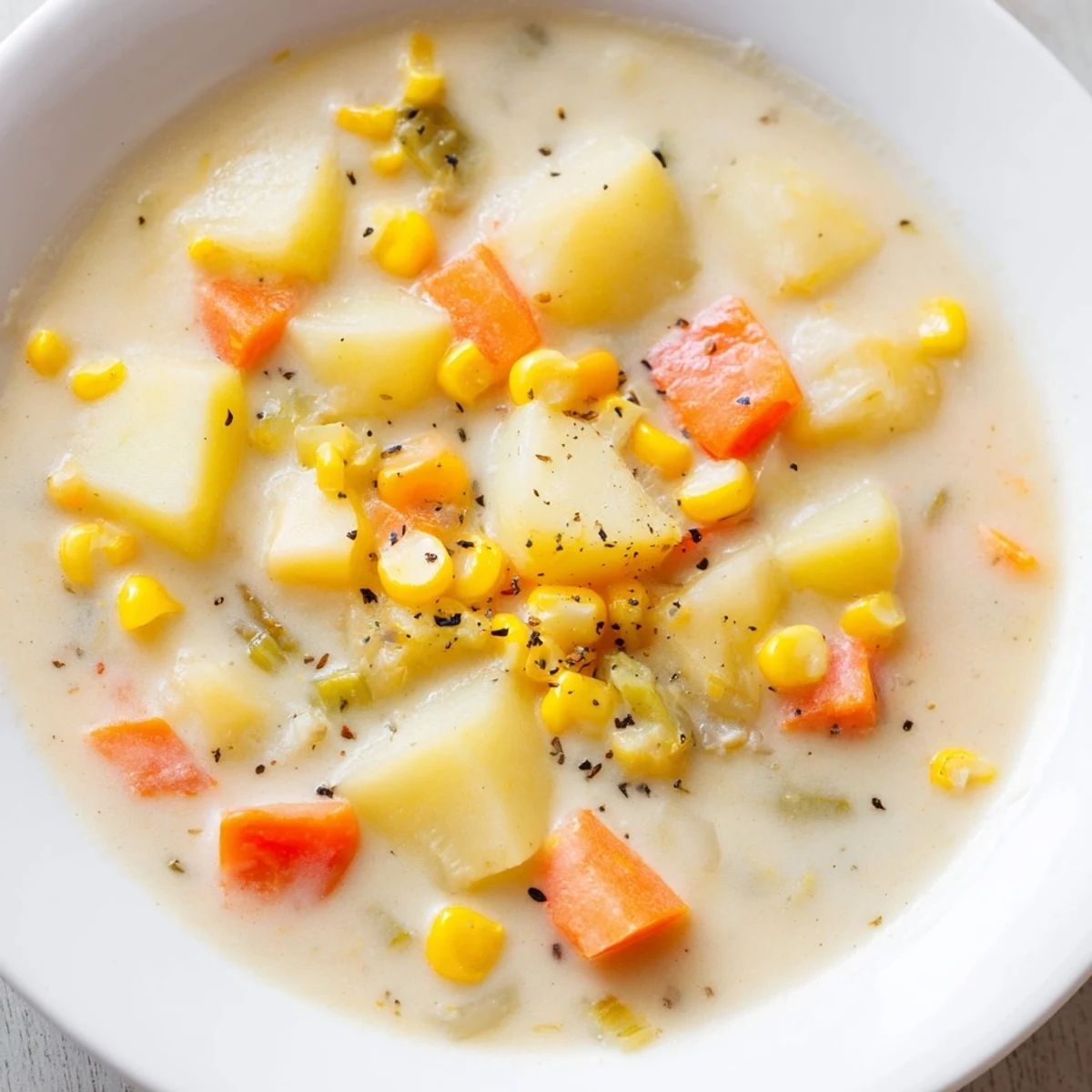 Creamy Corn & Potato Chowder: A warm bowl of chowder with visible corn and potatoes.