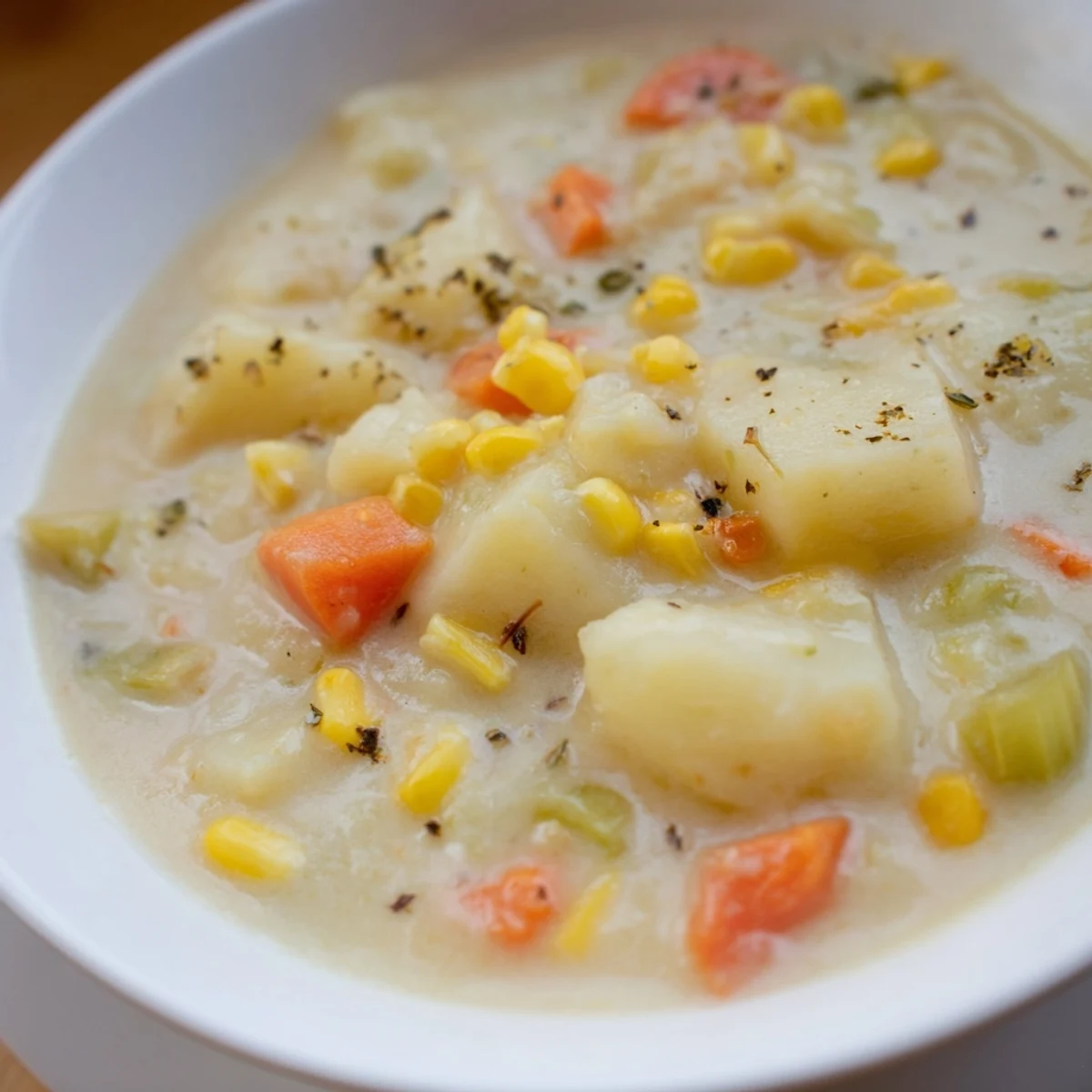 Freshly garnished Corn & Potato Chowder with herbs, perfect for a cozy, homestyle dinner.