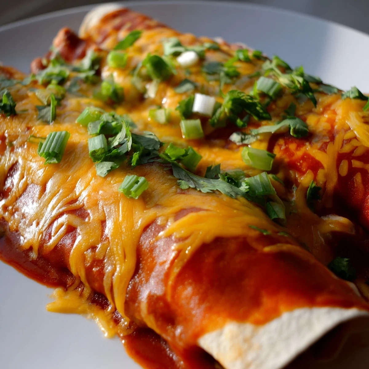 Steaming-hot Cheesy Bean Enchiladas, overflowing with melted cheese and rich, savory sauce in a baking dish.