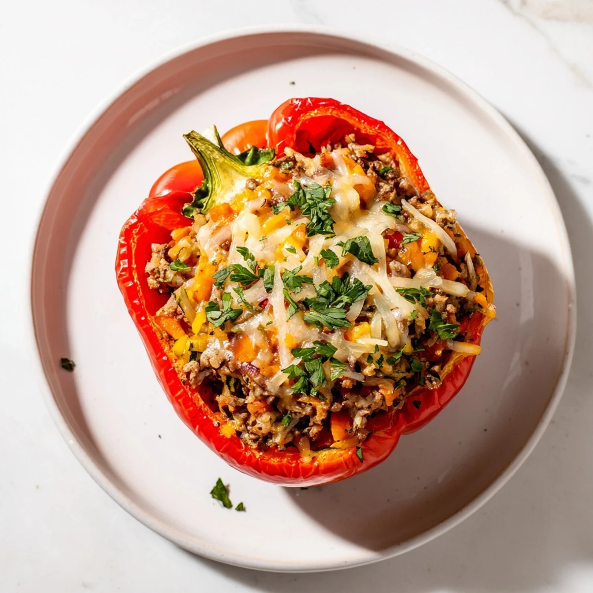 Golden, cheesy stuffed peppers with ground turkey and rice, bubbling hot from the oven.