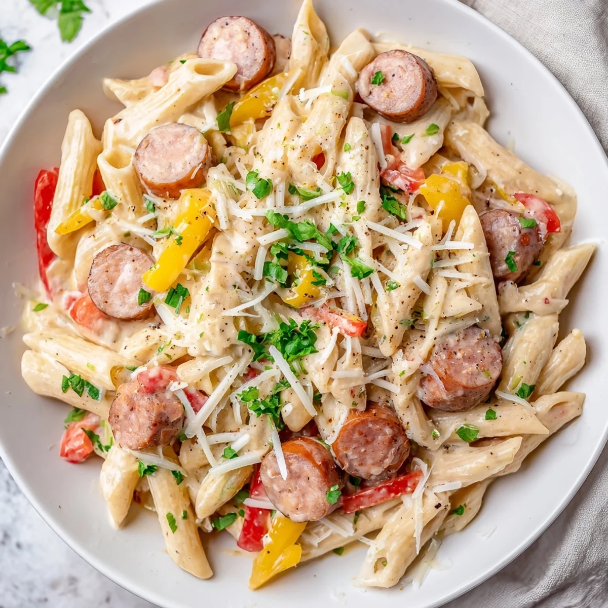 Golden-browned sausage and colorful peppers shine in this comforting Cajun Spiced Smoked Sausage Alfredo recipe.