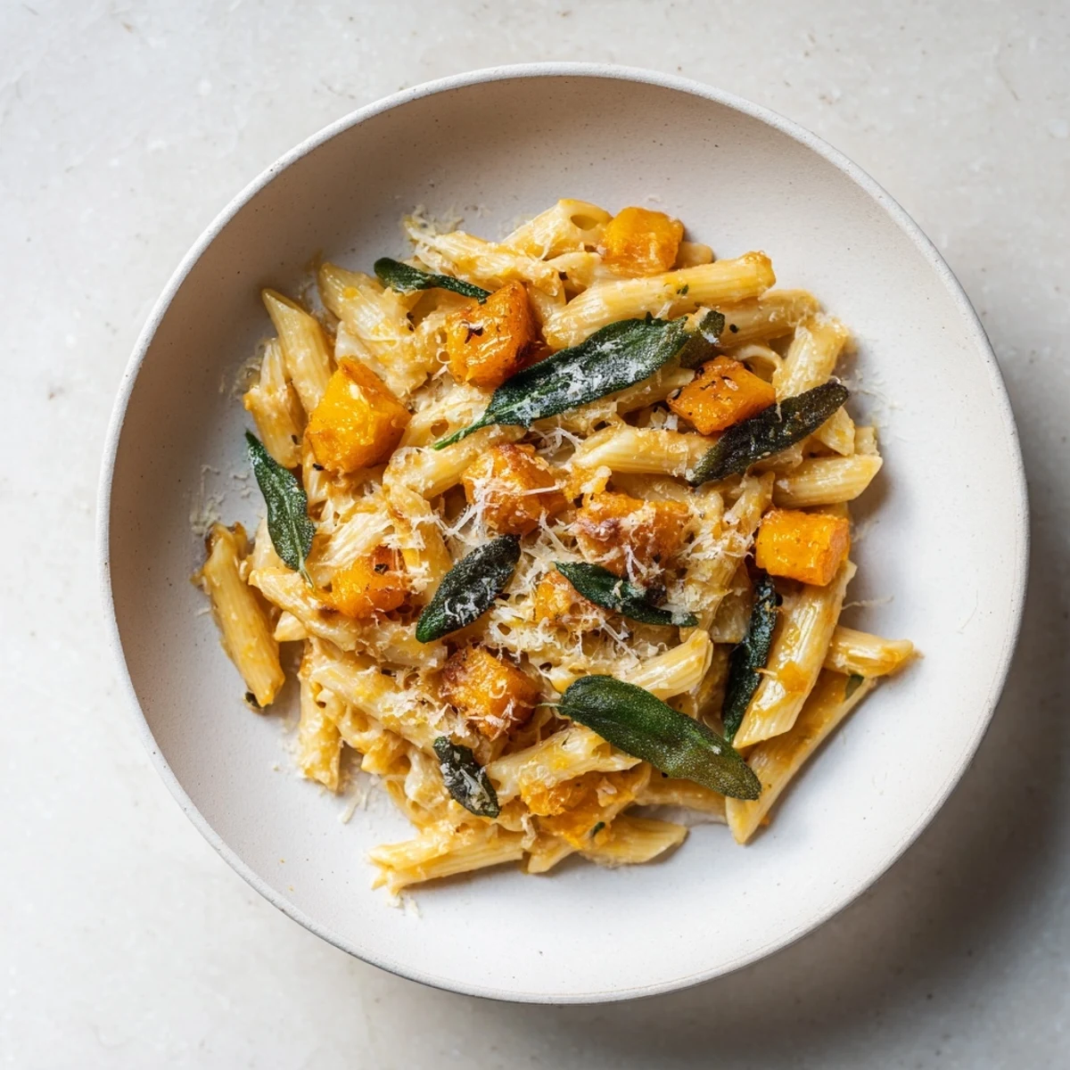 A close-up of Brown Butter Pasta with Butternut Squash, garnished with Parmesan cheese and sage.