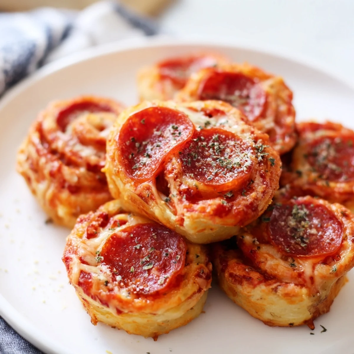 Warm, savory Mini Pepperoni Pizza Pinwheels, perfect snack, with a crispy, flaky crust.