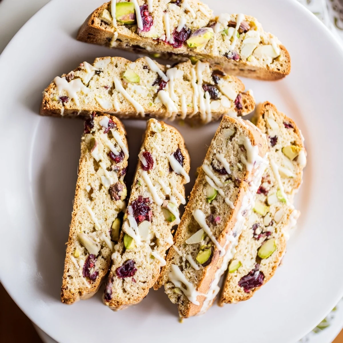 A close-up of crispy biscotti shows the texture of the delightful White Chocolate Cranberry Pistachio variety.