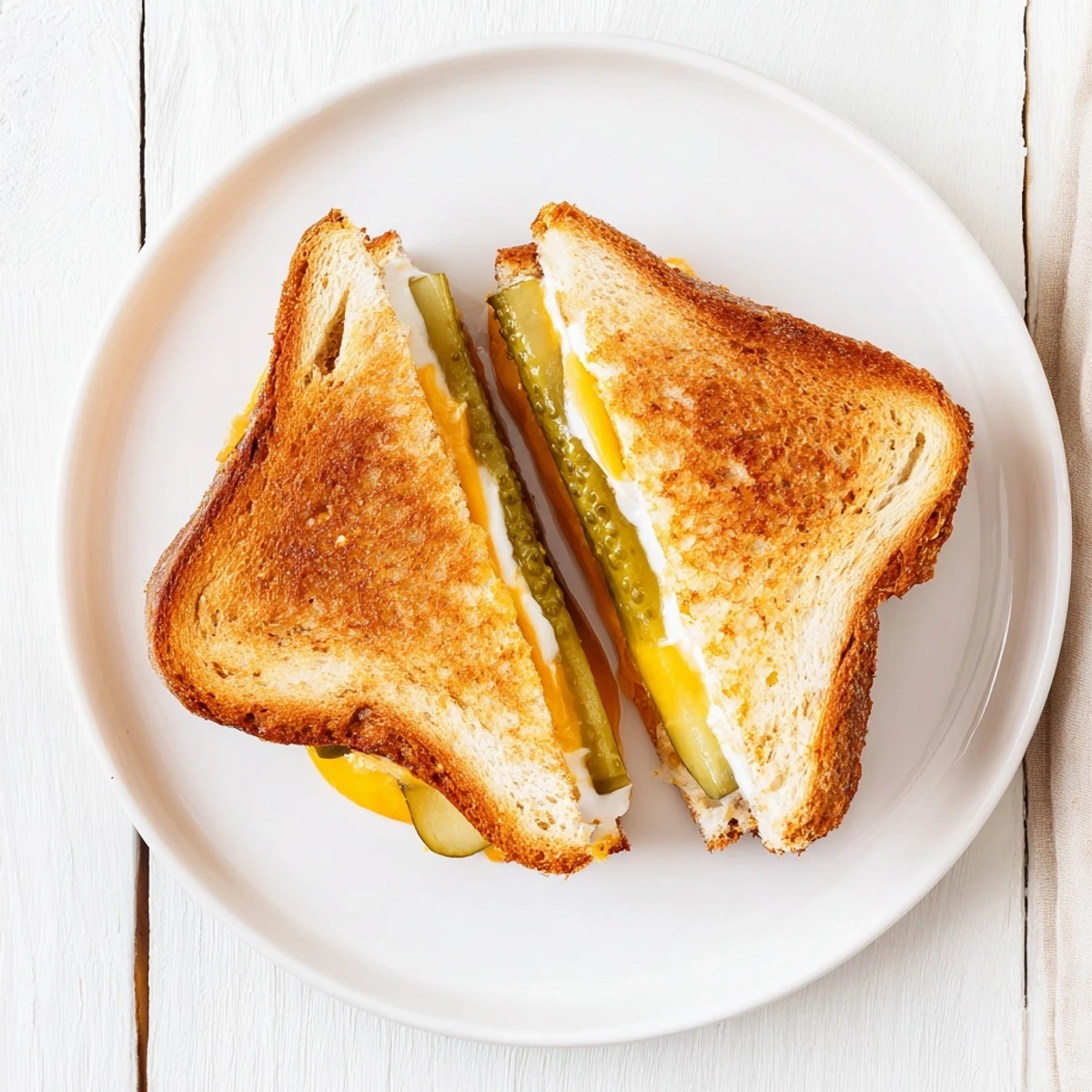 Golden-brown layers of gooey pickle grilled cheese sandwich, oozing melted cheese and savory pickles.