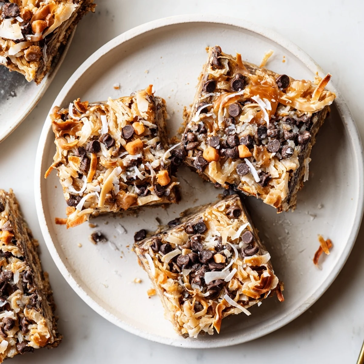 Close-up of baked 7-Layer Magic Bars: inviting dessert squares with glistening caramel.