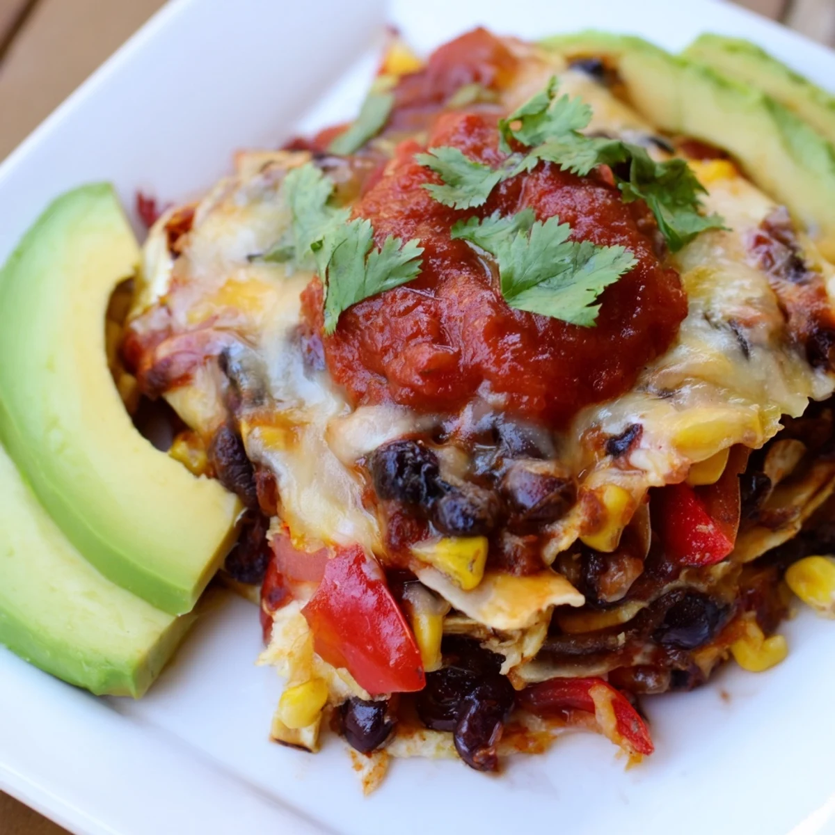 Warm and comforting Quick Black Bean and Corn Tortilla Casserole right from the oven, ready to serve and enjoy.