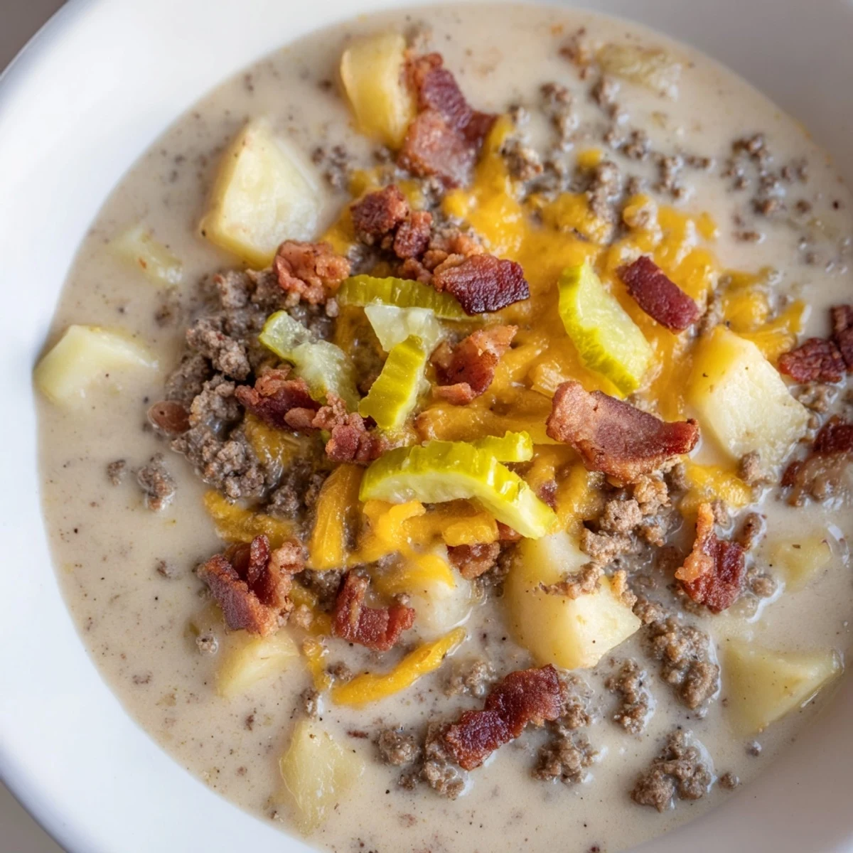 Hearty Crockpot Cheeseburger Soup overflowing a bowl, complete with optional pickle and tomato toppings for flavor.