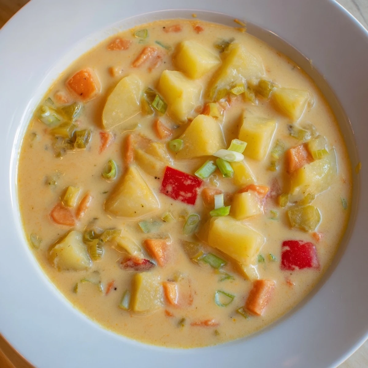 Slow Cooker Cajun Potato Soup, creamy and thick, garnished with green onions and parsley.