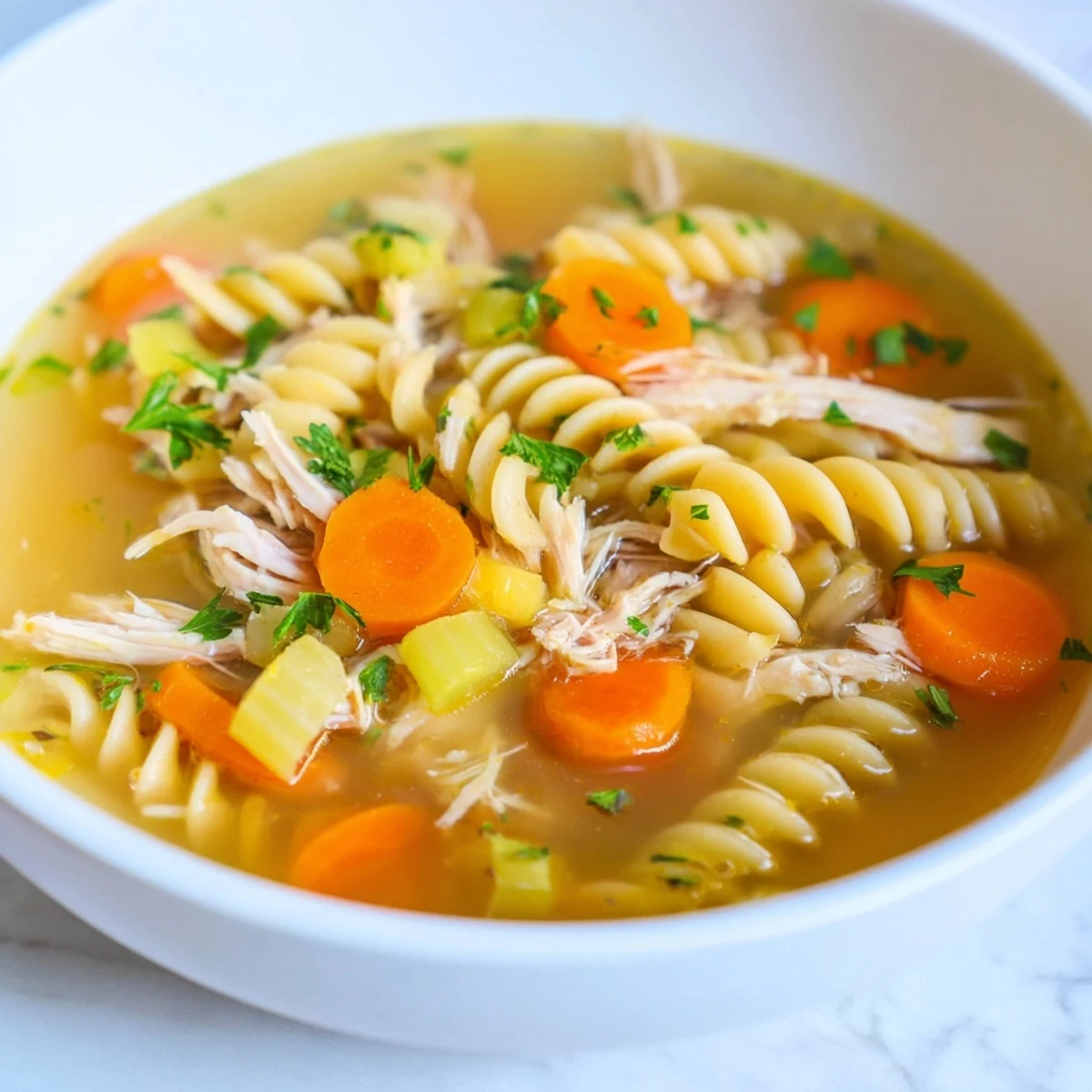 Homemade Crockpot Chicken Noodle Soup with tender chicken and soft noodles in a warm broth.