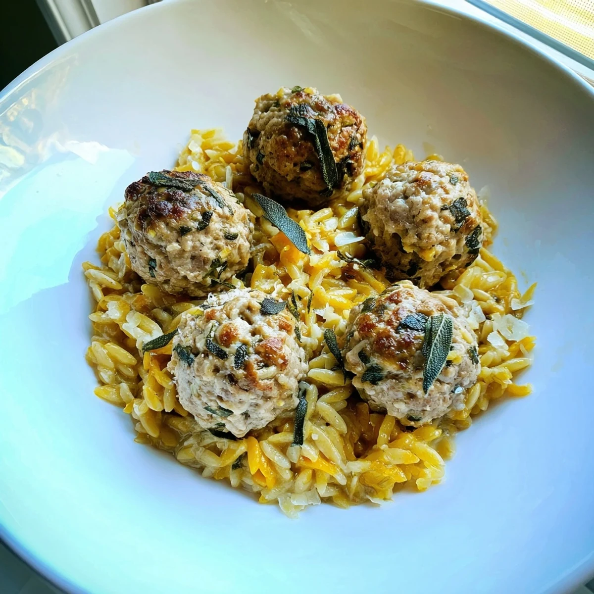 Golden-brown sage turkey meatballs nestled in a creamy pumpkin orzo, perfect for autumn.