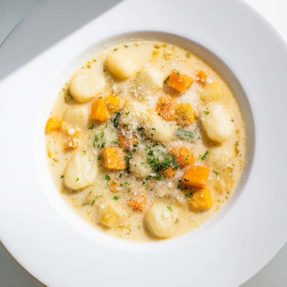 Steaming bowl of Savory Butternut Squash Gnocchi Soup, garnished with Parmesan and fresh parsley.