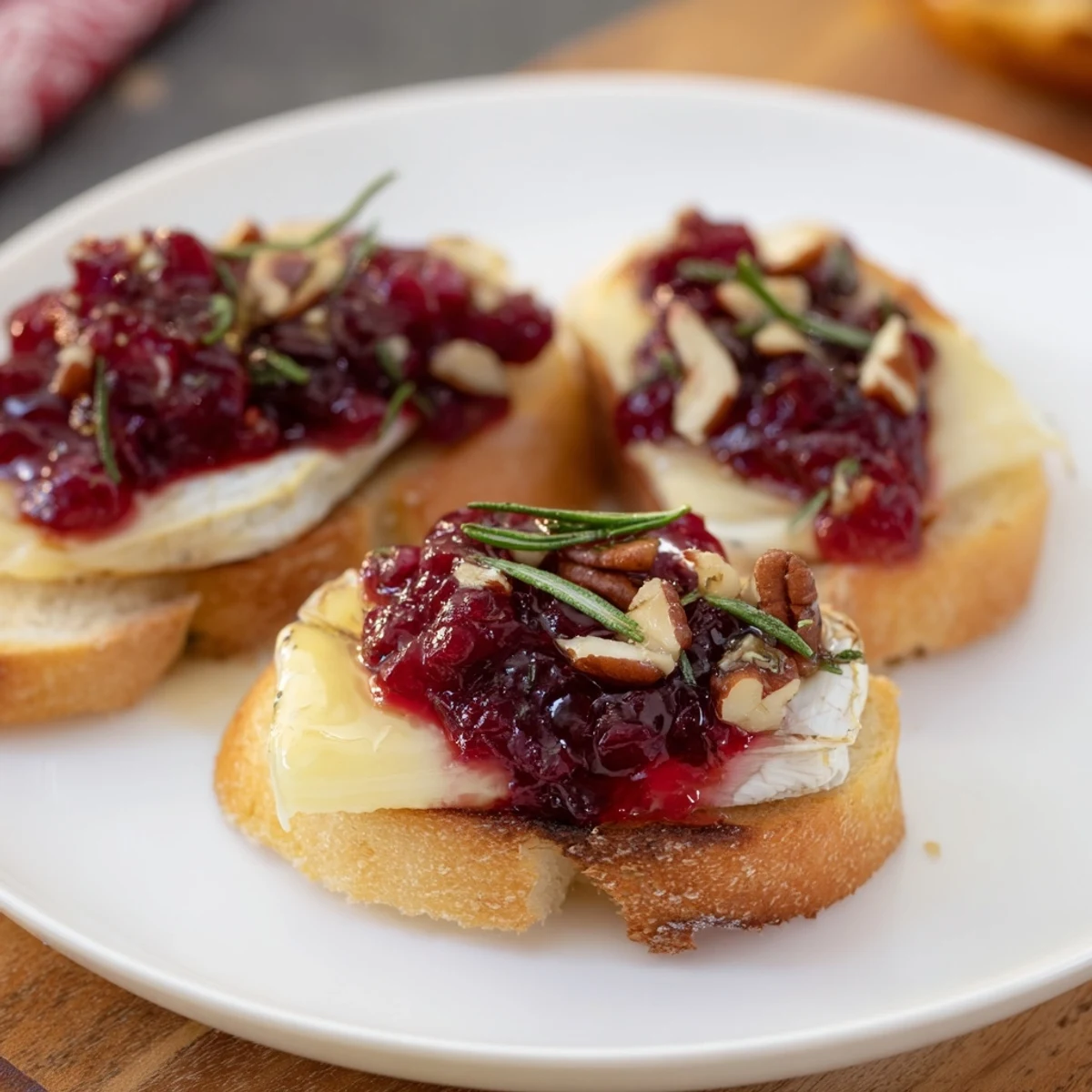 Golden, bubbly cranberry brie crostini ready to be enjoyed, garnished with fresh rosemary for a treat.