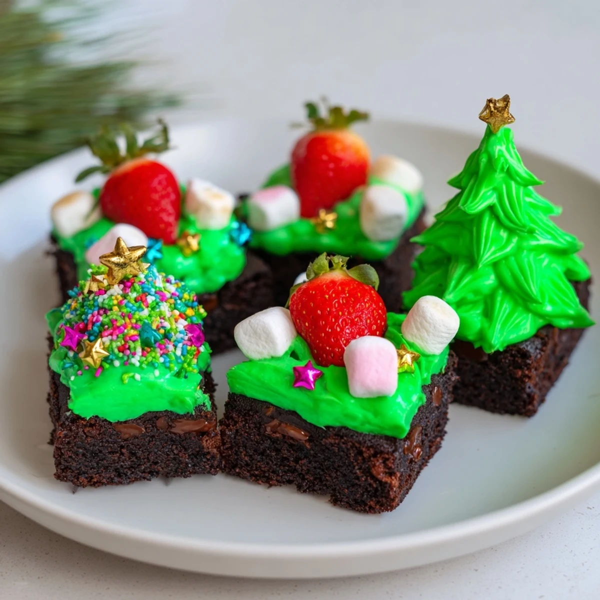 Festive Express Christmas Tree Brownie Hats, fudgy brownie squares topped with vibrant green icing and sprinkles.