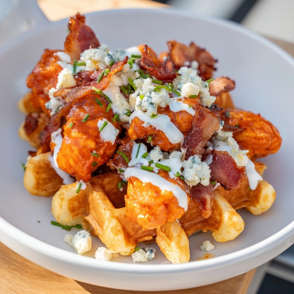 Imagine bite-sized Crispy Buffalo Chicken and Bacon Waffle Bites, perfect for game day with a spicy aroma.