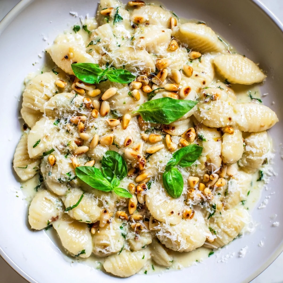 A close-up of steaming 15-Minute Creamy Pesto Risoni, showcasing the rich pesto sauce and parmesan.