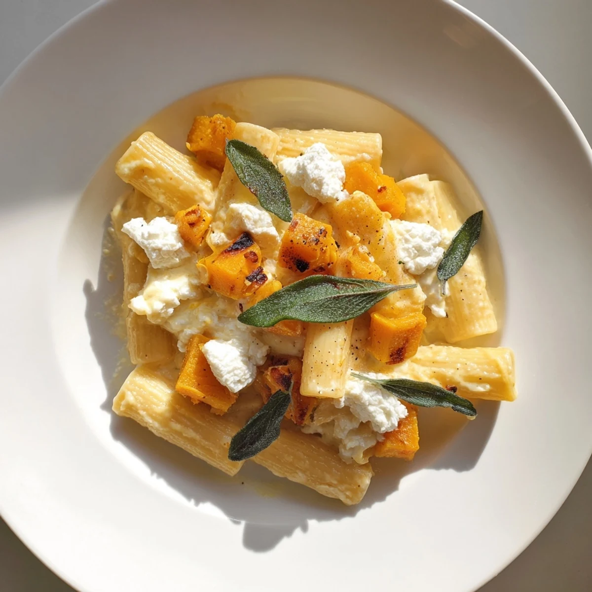 Golden-brown roasted butternut squash and sage goat cheese pasta, ready to serve with crispy sage.