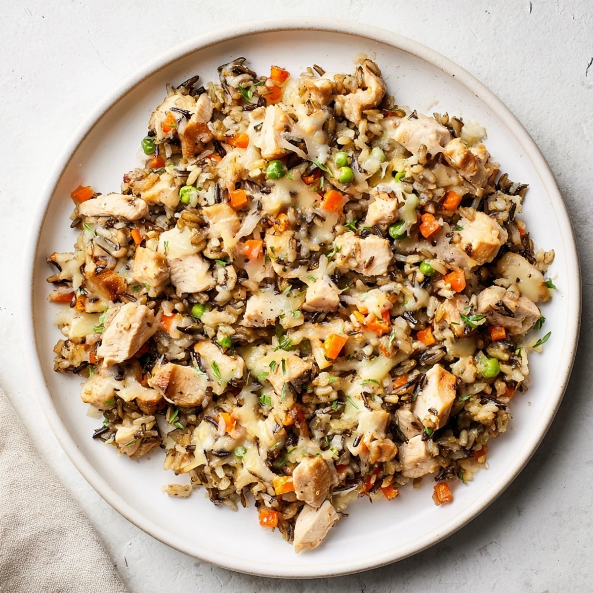 A creamy, bubbling dish of Chicken and Wild Rice Bake with golden breadcrumb topping.