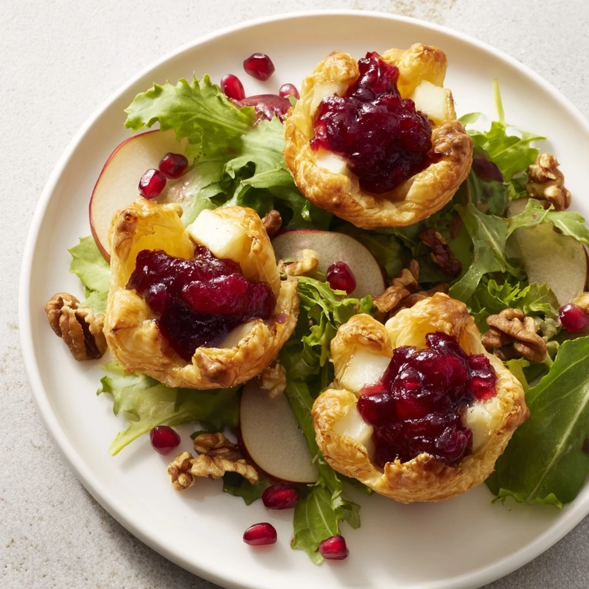 Golden, flaky cranberry and brie flower bites atop fresh salad greens, ready to enjoy.
