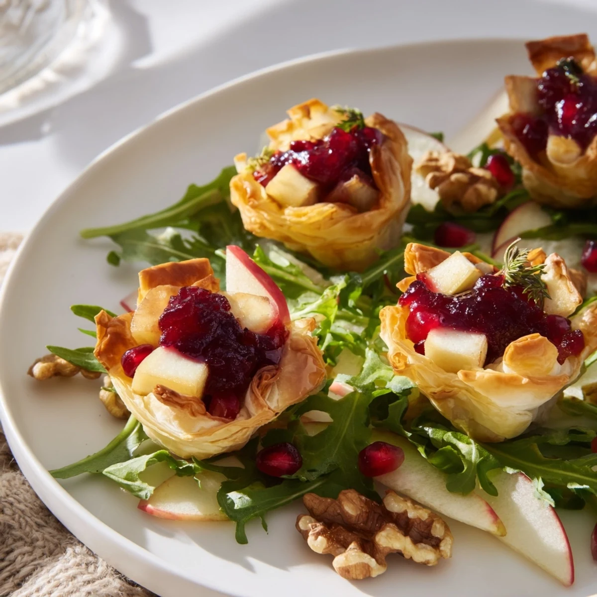 Warm cranberry and brie flower bites with melted cheese, nestled into a vibrant, dressed salad.