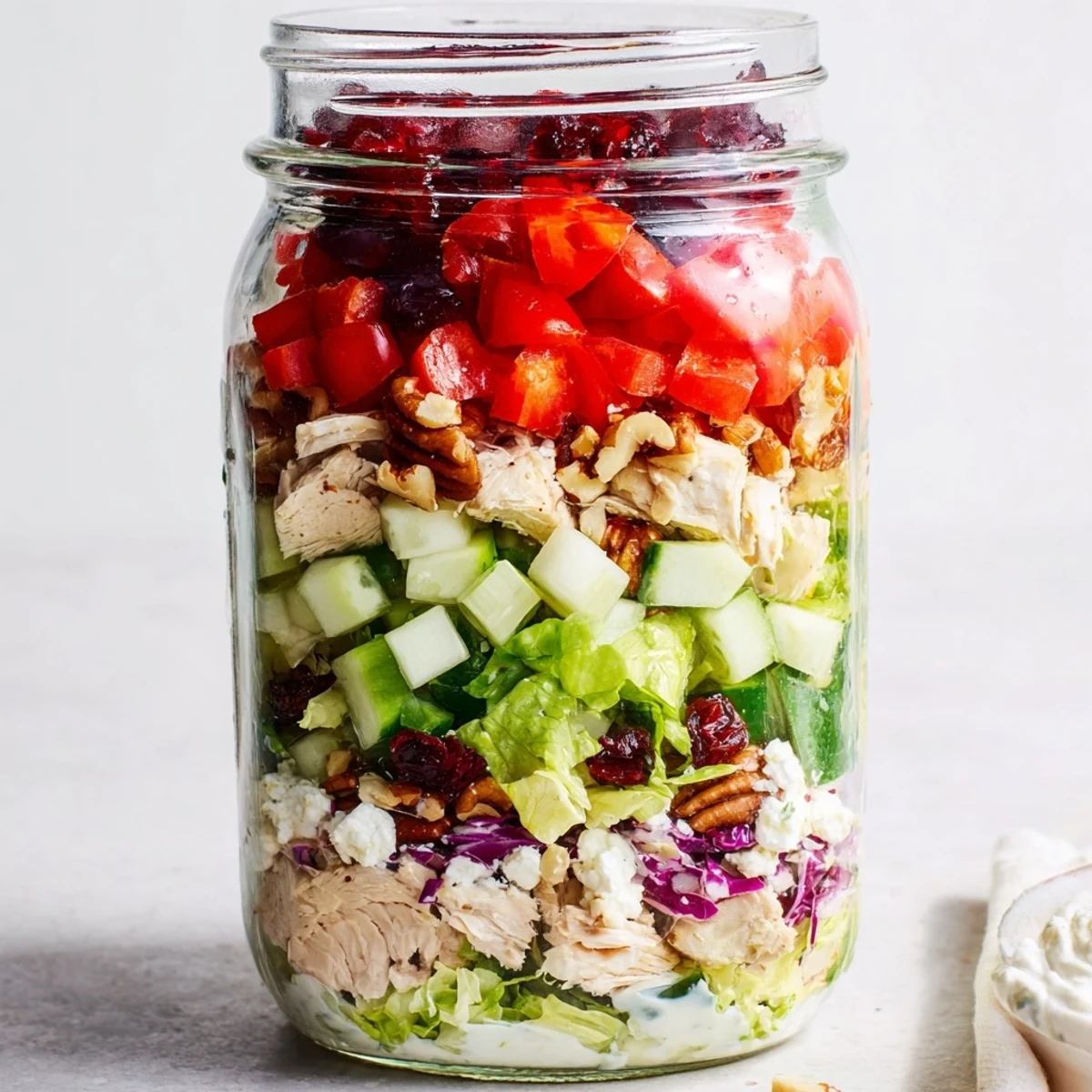 Layered Holiday Chopped Chicken Salad Jar: a vibrant holiday meal prep, full of fresh chopped chicken and cranberries.