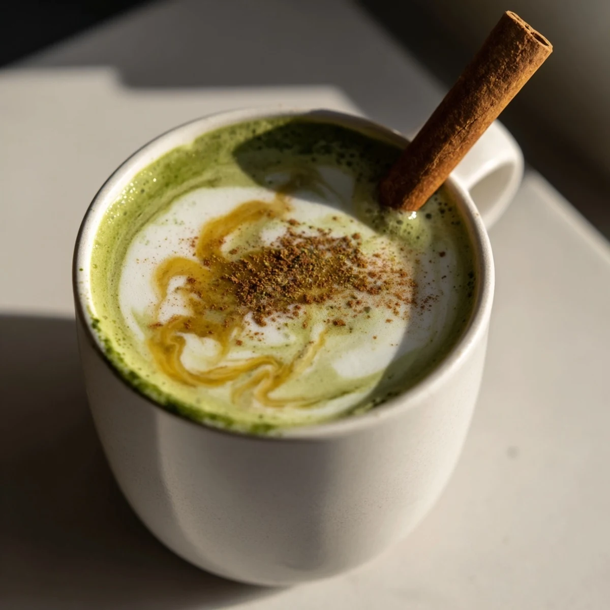Warm spices infuse this vibrant green Maple Cinnamon Gingerbread Matcha Oat Latte, perfect for a chilly day.