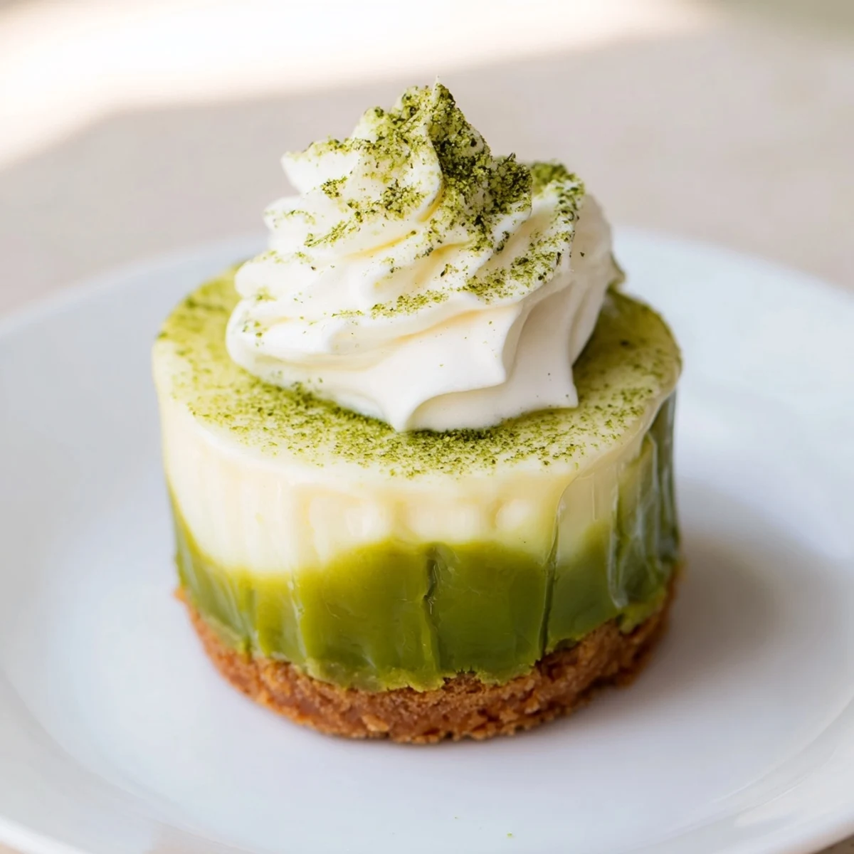 Matcha swirl Snowdrift Cheesecake Cups: Creamy no-bake dessert featuring a vibrant green matcha swirl atop a sweet graham cracker crust.