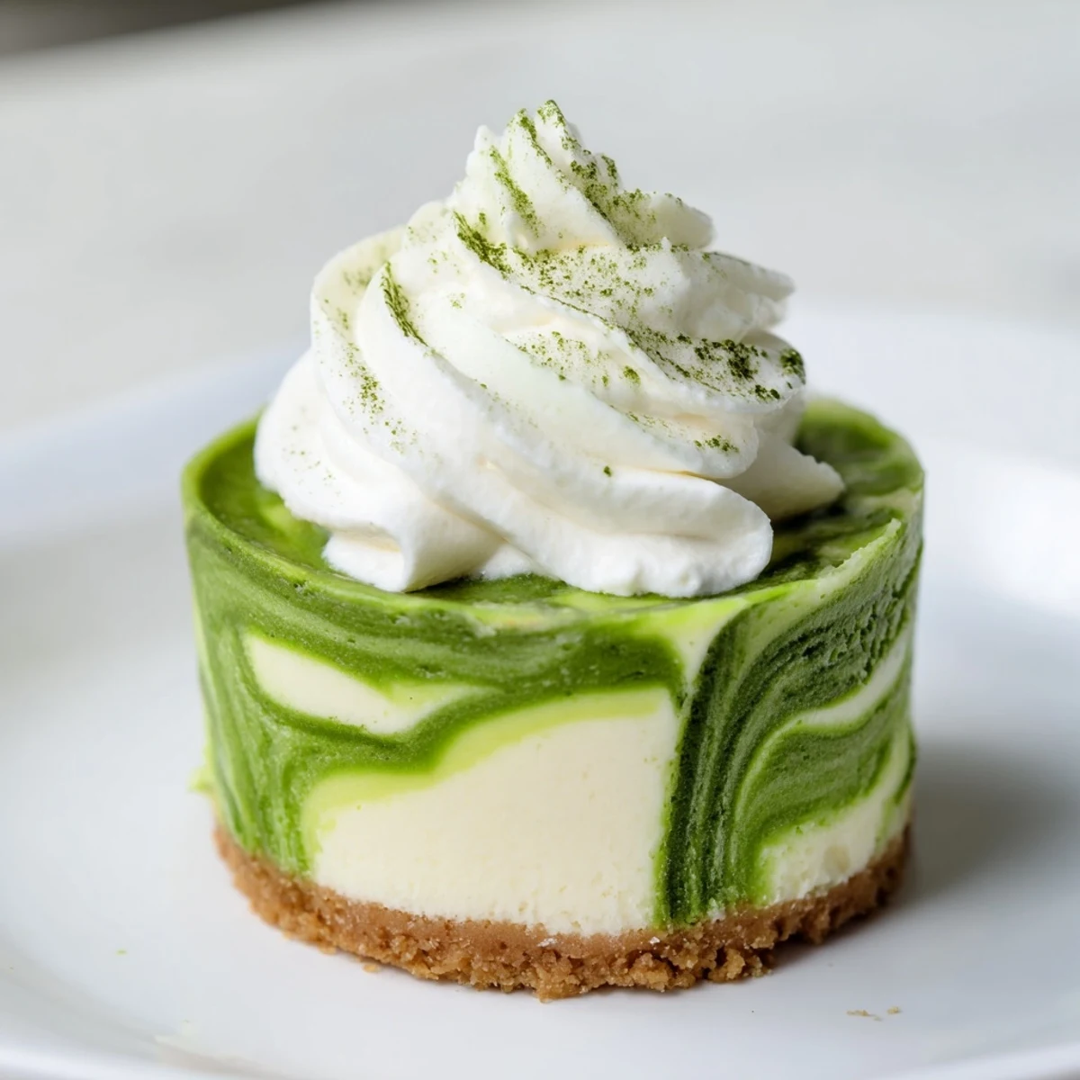 Visually stunning Matcha Swirl Snowdrift Cheesecake Cups: a delicate balance of matcha and creamy cheesecake, ready to chill.