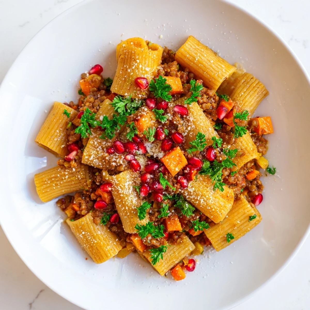 Steaming bowl of High-Fiber Lentil Bolognese pasta, garnished with parsley and pomegranate seeds, ready to eat.