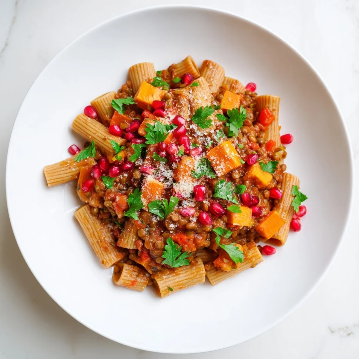 Brightly colored High-Fiber Lentil Bolognese, featuring carrots, lentils, and fresh herbs, a comforting holiday meal.
