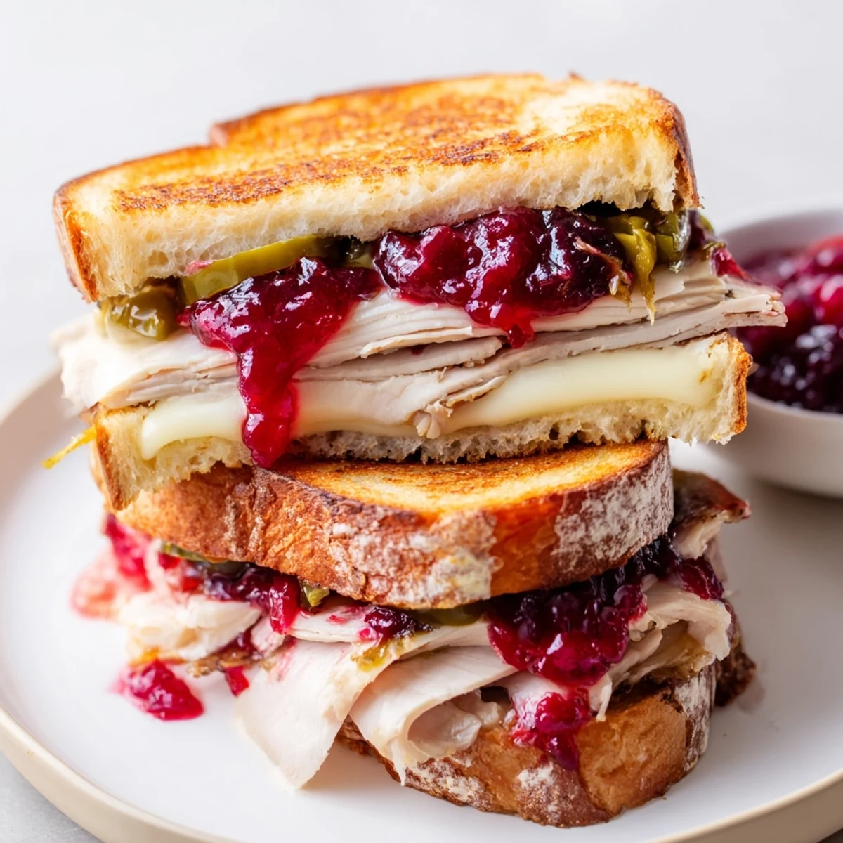 Melted Swiss oozing from this air fryer jalapeño cranberry turkey grilled cheese, a festive sandwich served warm.