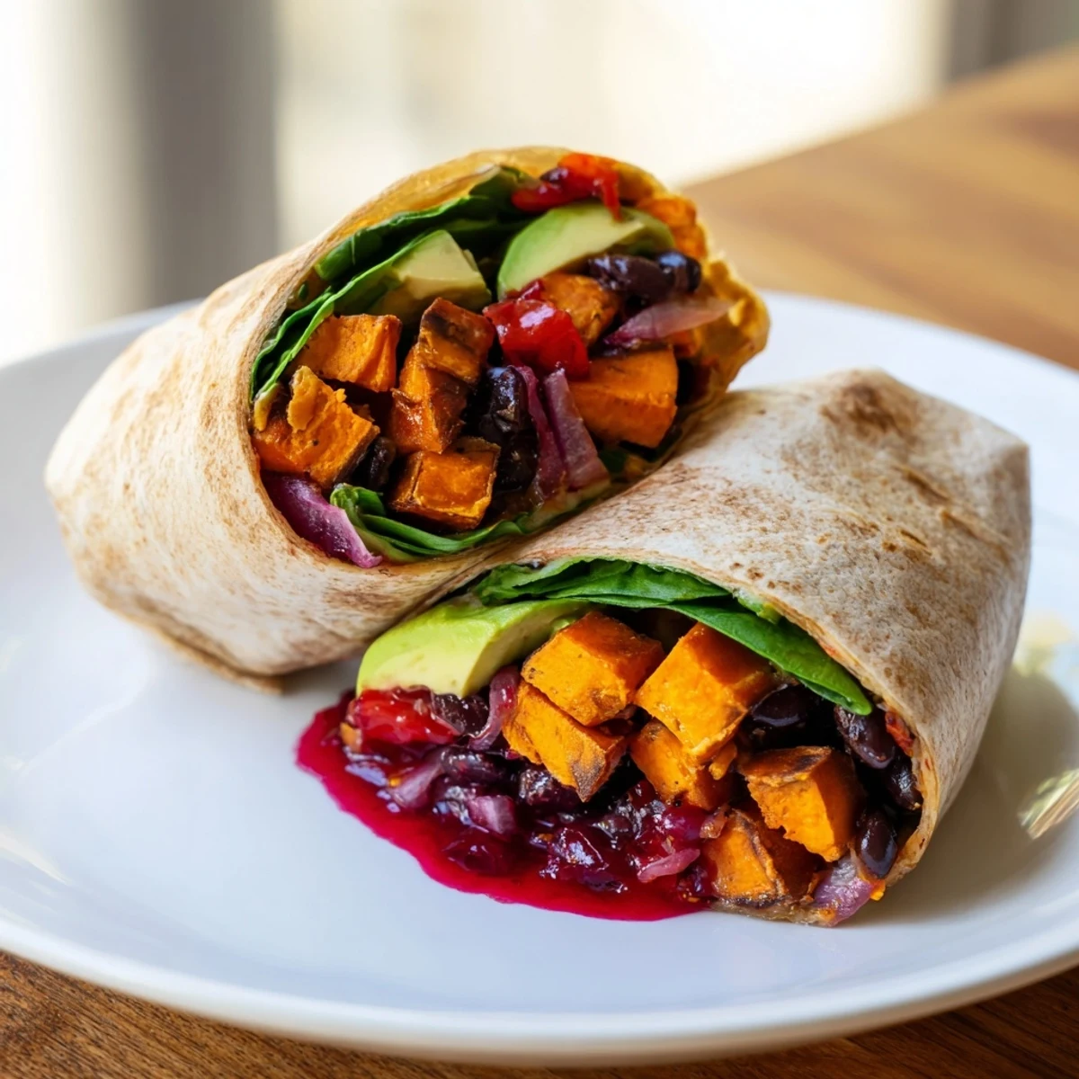 Golden-roasted sweet potatoes star in this festive Holiday Wrap, filled generously with black beans and spices.