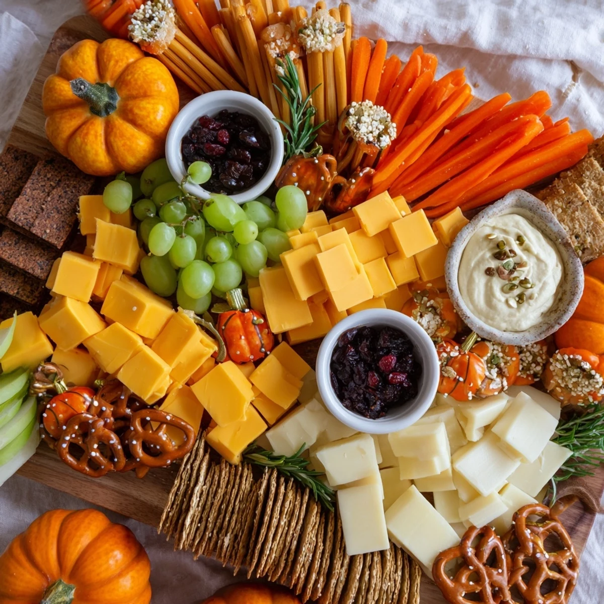 Pumpkin Patch Snack Board overflowing with cheddar, grapes, and fall-themed treats, ready to serve.