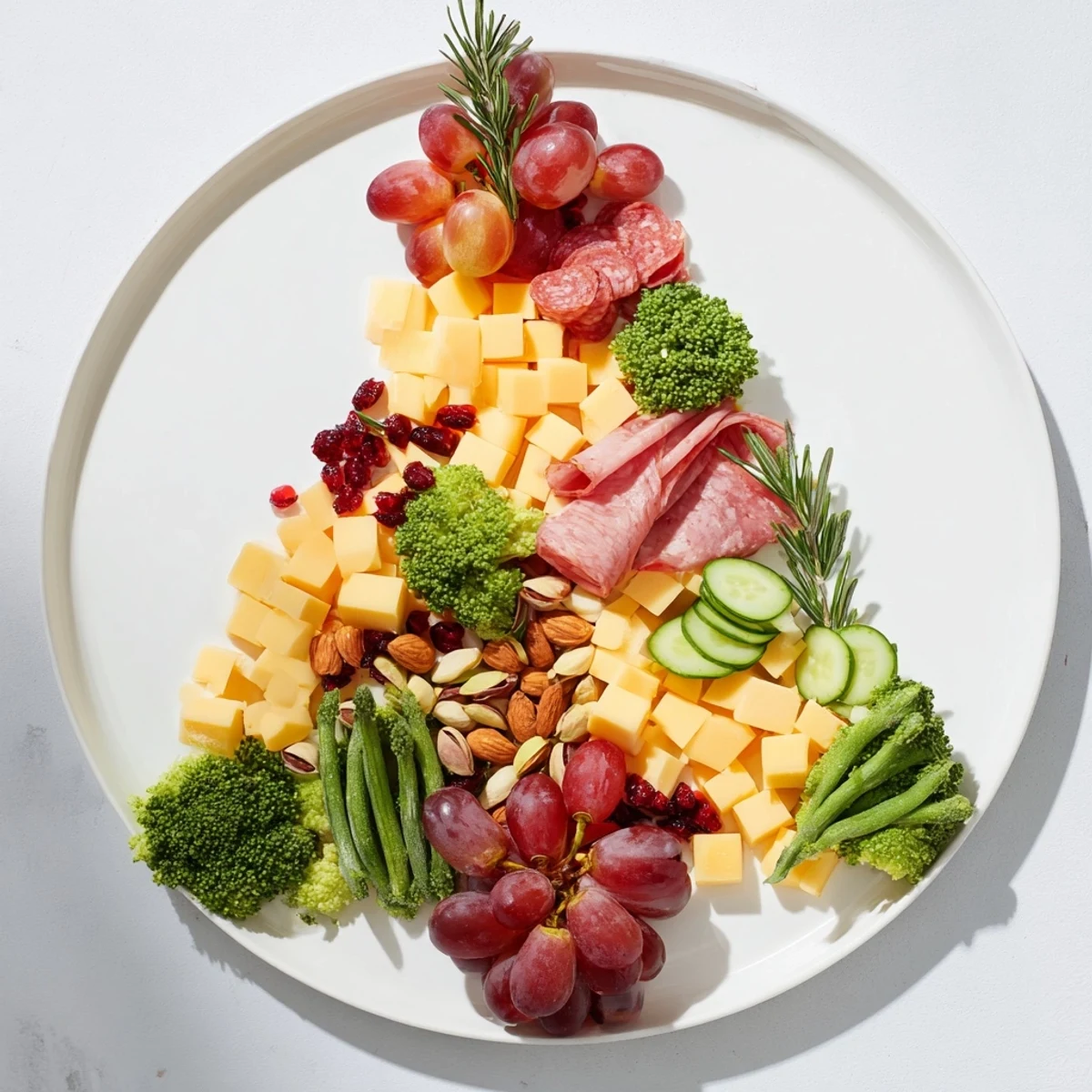 Festive Evergreen Tree Snack Board boasts colorful fruits, cheeses, and charcuterie for holiday gatherings.