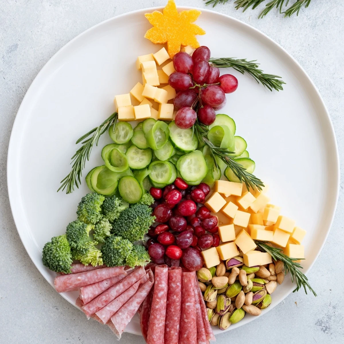This appetizing Evergreen Tree Snack Board presents an artful arrangement of snacks, ready to serve and enjoy.