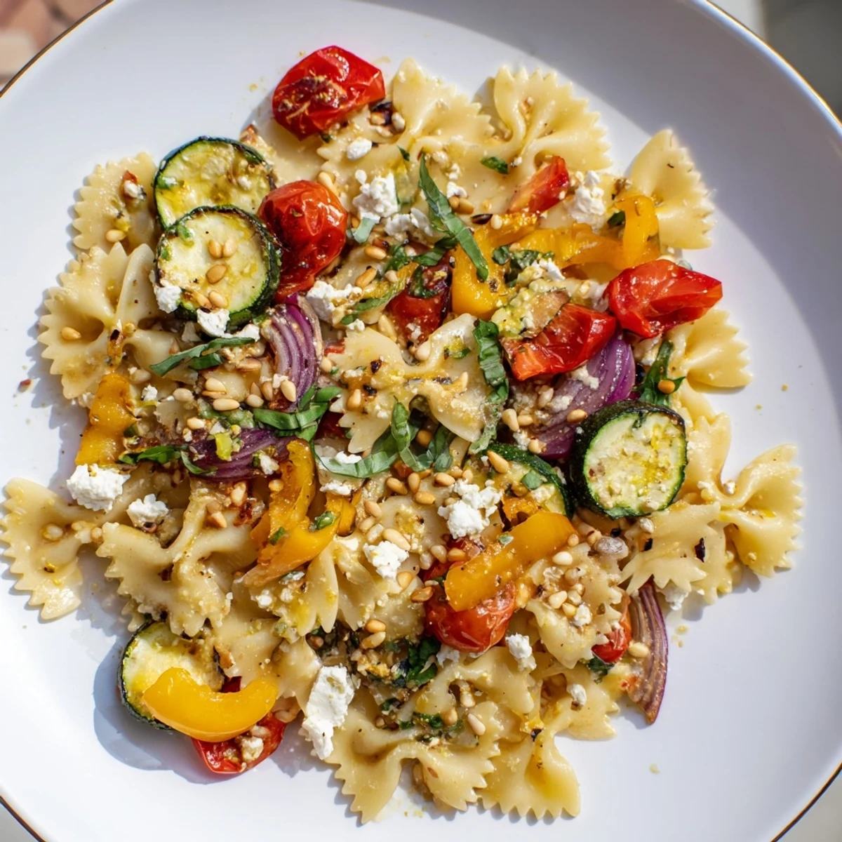 A platter of vibrant Festive Bow Tie Pasta, bursting with colorful roasted vegetables and herbs.
