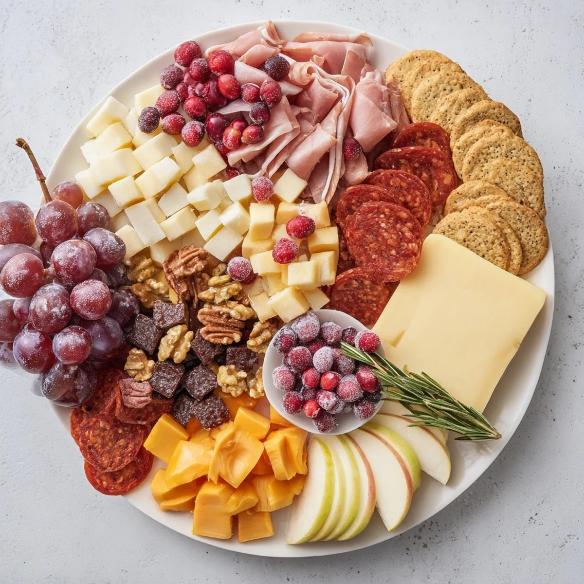A beautifully arranged Sleigh Ride Charcuterie board overflowing with cheeses, meats, and colorful fruits.