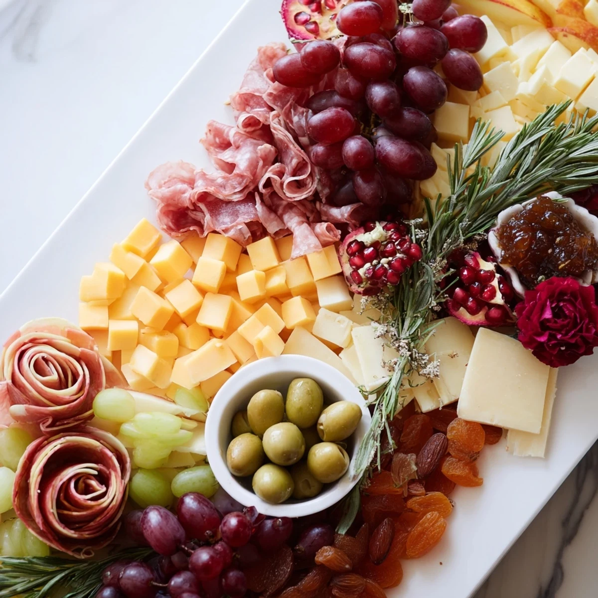 See the savory Holiday Bow Appetizer Platter boasting a tasty spread of meats, cheeses, and grapes, perfect for sharing.