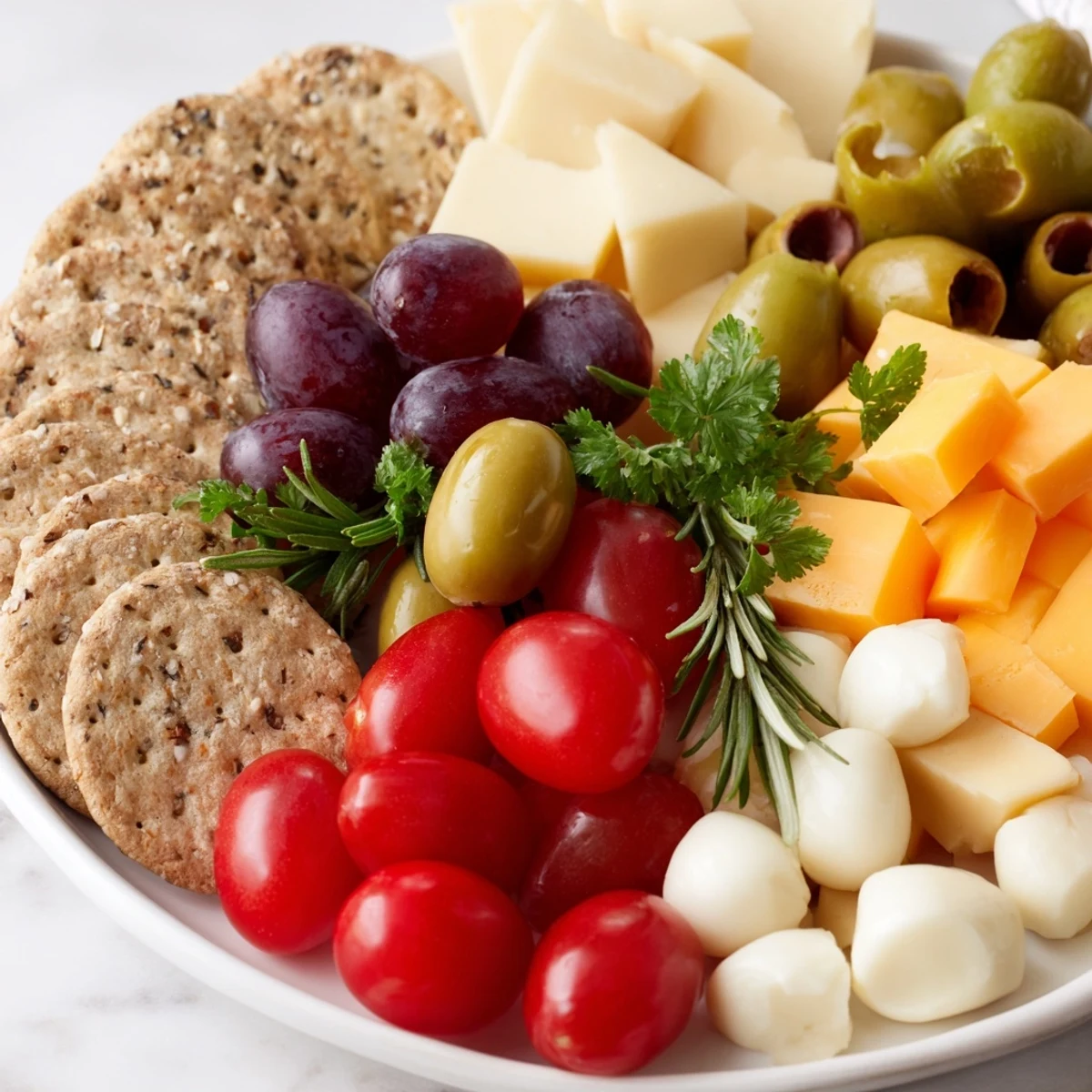 This festive Jingle Bell Cheese & Cracker Wreath showcases cubed cheese, crackers, and juicy grapes for a stunning appetizer.