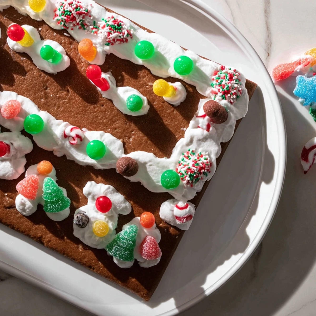 A completed gingerbread house decorating kit with colorful candies, perfect for the holidays.