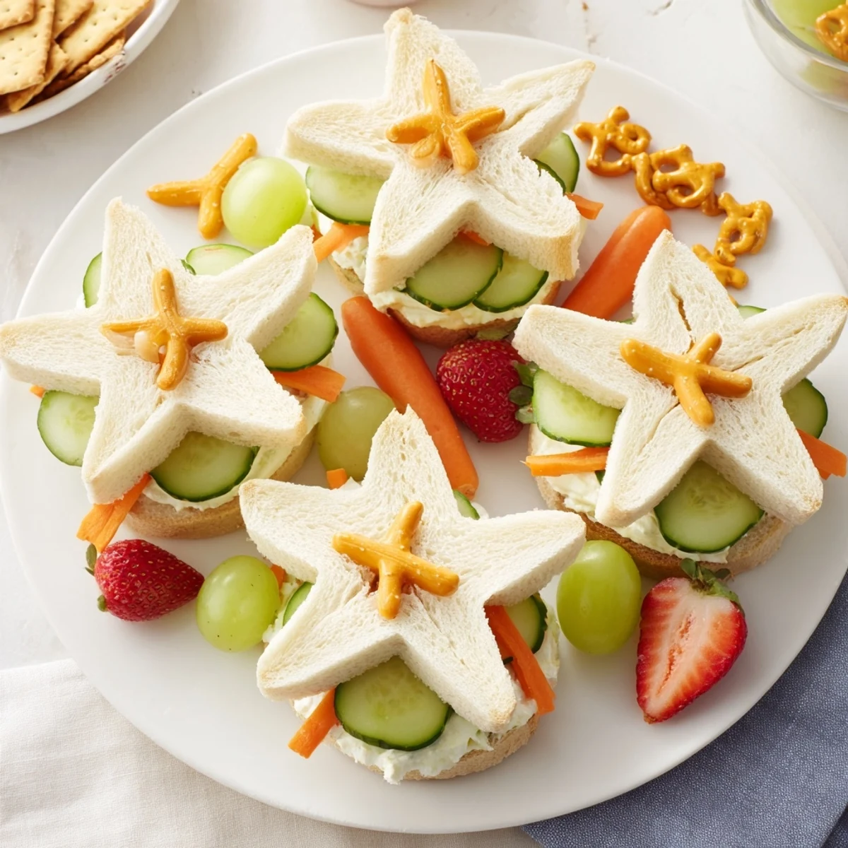 Close-up of a whimsical Beach Day Starfish Snack Spread, perfect picnic food, featuring goldfish crackers.