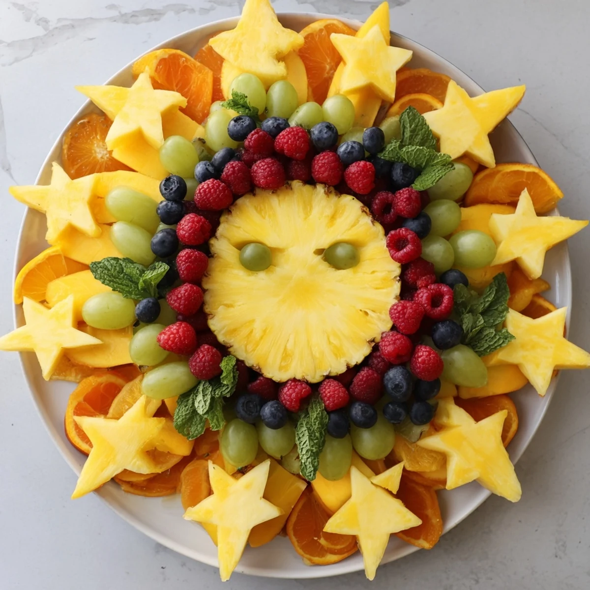 Vibrant Summer Rays Sun-Shaped Fruit Tray, bursting with colorful tropical fruits and cooling refreshment.