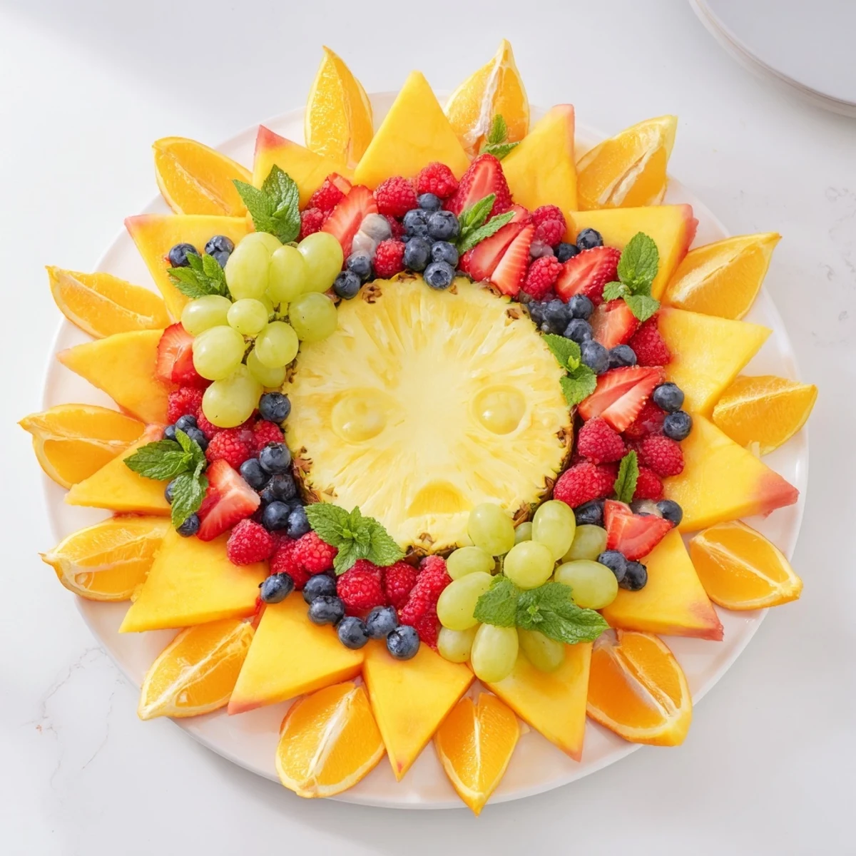 A beautiful view: sweet Summer Rays Sun-Shaped Fruit Tray featuring mango, pineapple, and berries arranged beautifully.