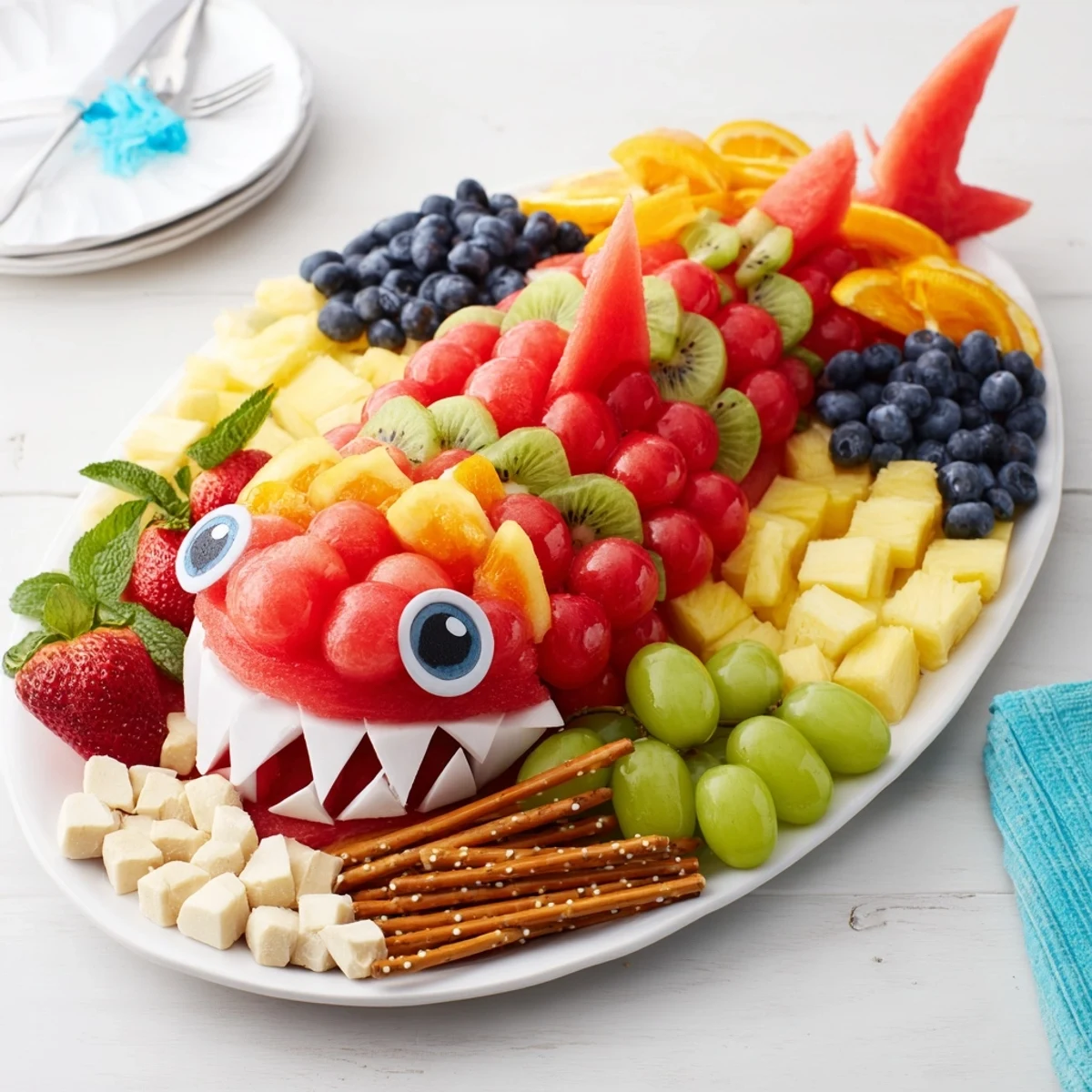 A vibrant Watermelon Wave Shark Snack Board overflowing with juicy fruits on a platter.