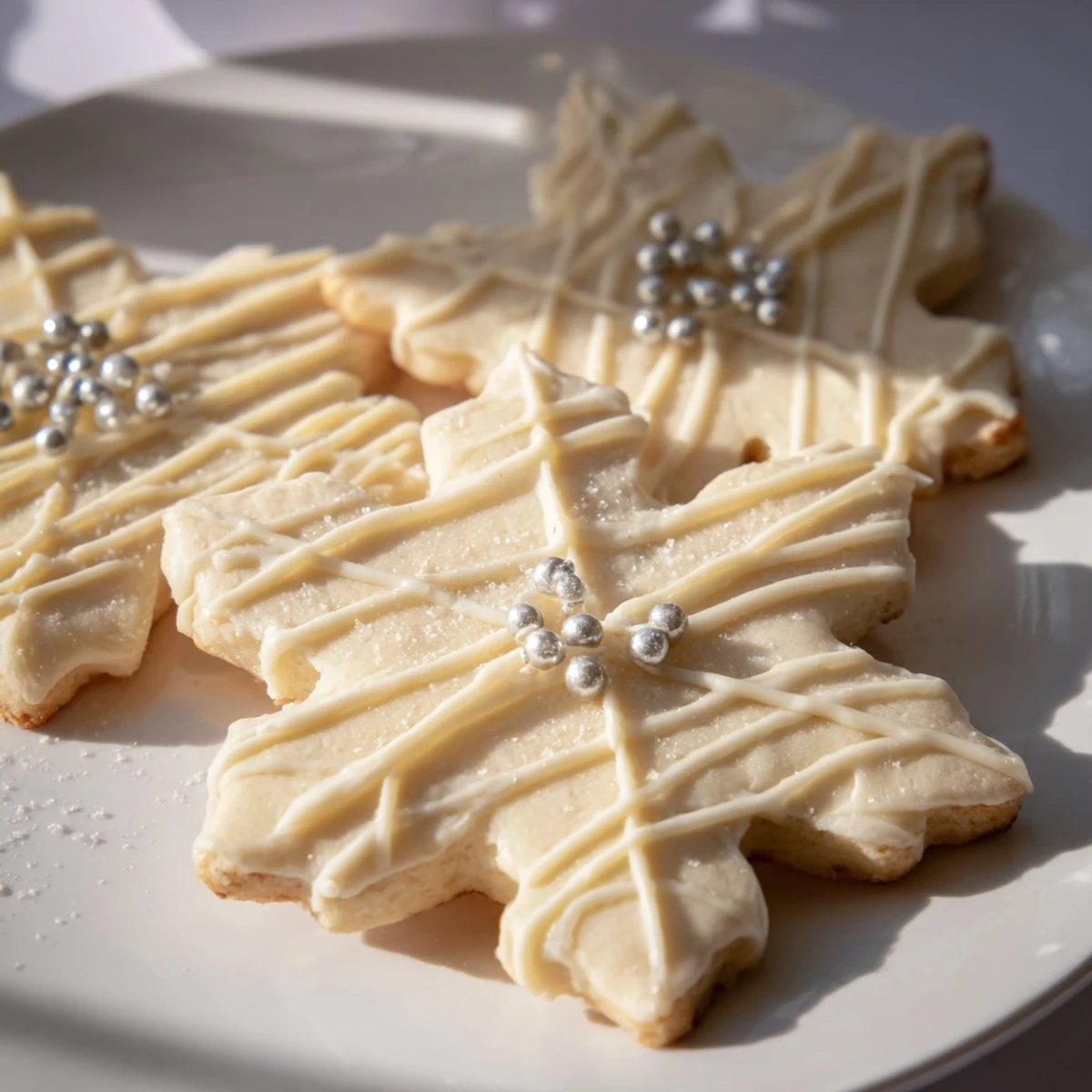 Delicate snowflake cookies from my Winter Snowflake Platter recipe, glazed with white chocolate and sprinkles.