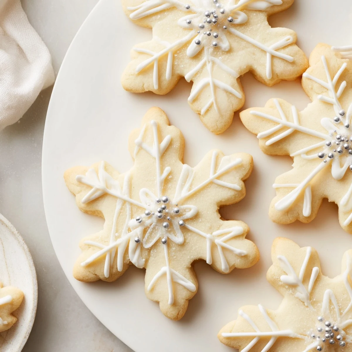 A close-up of the Winter Snowflake Platter, featuring freshly baked snowflake cookies dusted with icing sugar.