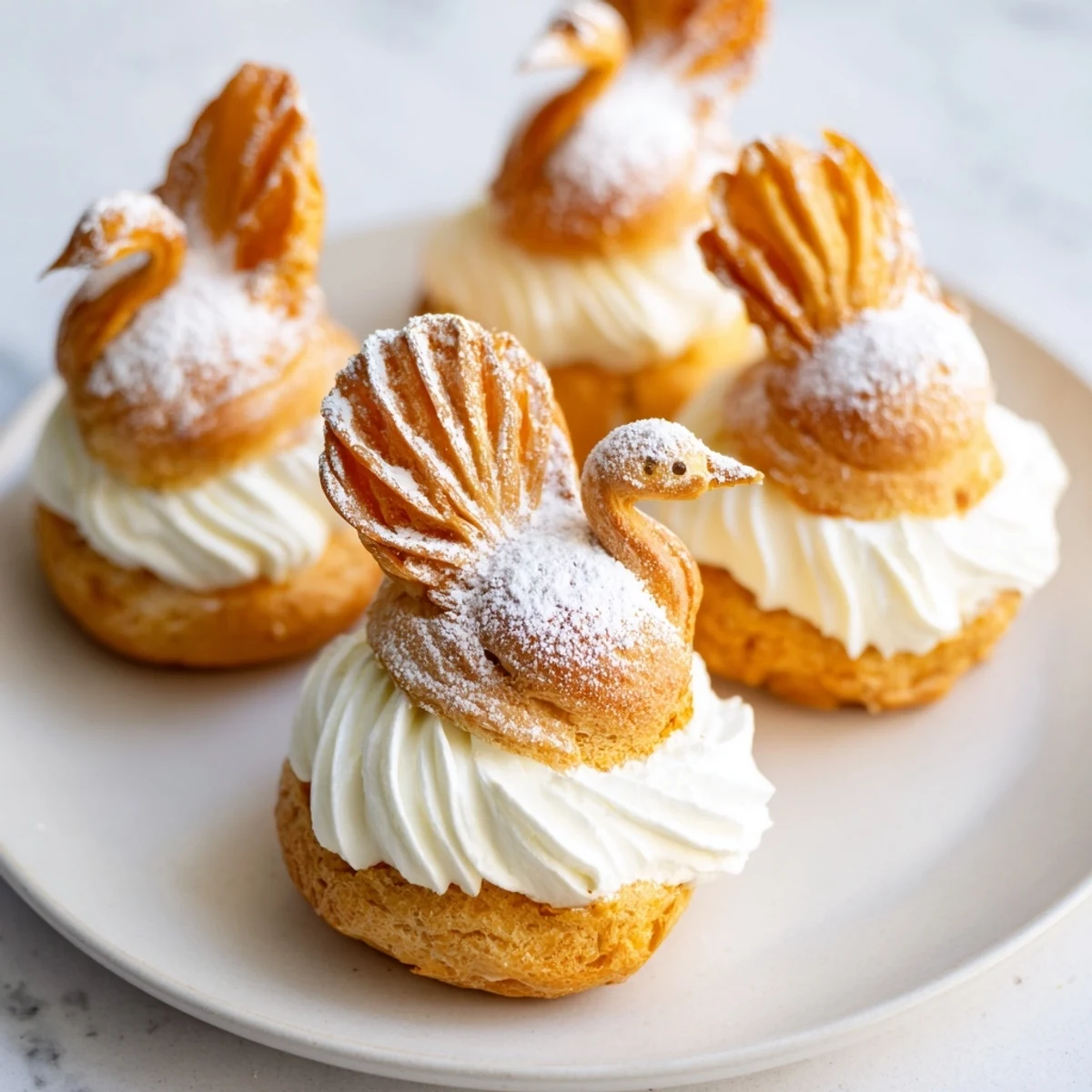 Golden-brown Elegant Swan Mini Pastries sit elegantly, filled with vanilla cream and dusting of powdered sugar.