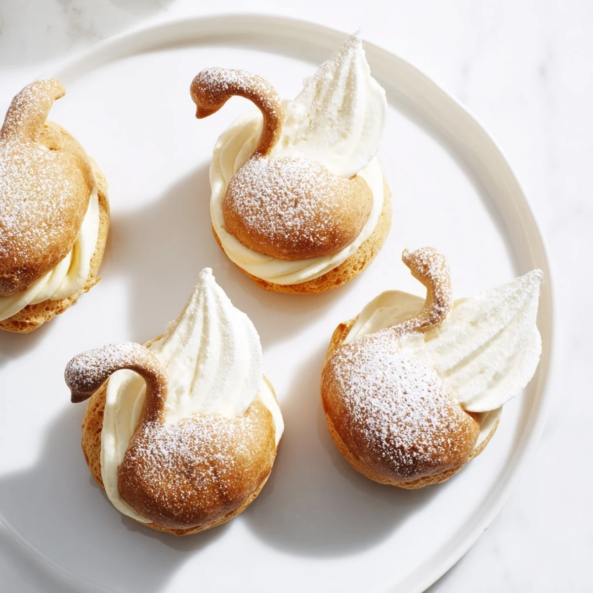 Close-up of freshly baked Elegant Swan Mini Pastries showcasing the light choux pastry and delightful cream.